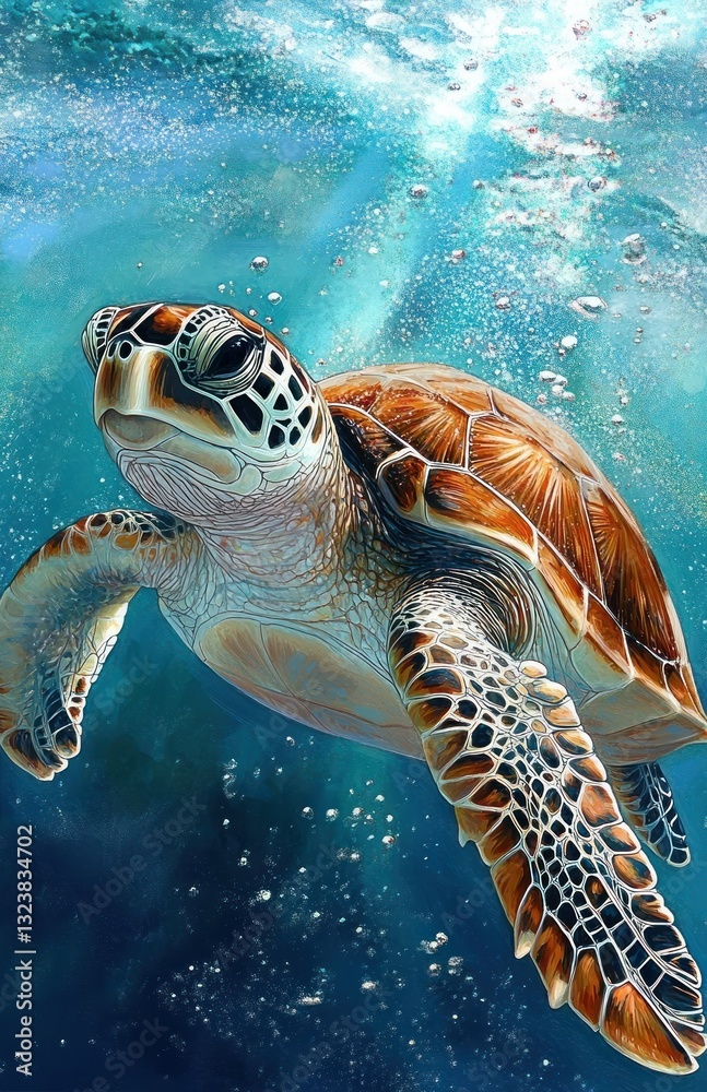 Fototapeta premium Hyperrealistic underwater scene of a sea turtle swimming in vivid blue ocean with intricate textures and bright sunlight