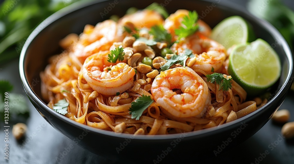 a close-up shot of delicious shrimp pad thai served in a bowl, garnished with lime and peanuts. The dish is a flavorful fusion of noodles, shrimp, and fresh herbs a close-up shot of delicious shrimp pad thai served in a bowl, garnished with lime and peanuts. The dish is a flavorful fusion of noodles, shrimp, and fresh herbs