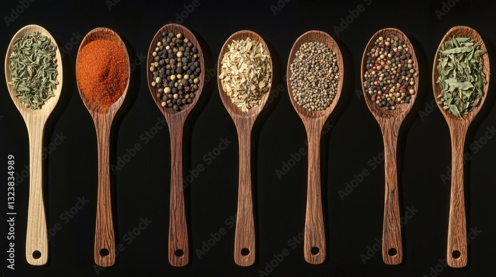 Large collection of spices and herbs in wooden spoons. Seasonings for food isolated on a black background. Colourful various herbs and spices for cooking. Herbs and spices on graphite background. Large collection of spices and herbs in wooden spoons. Seasonings for food isolated on a black background. Colourful various herbs and spices for cooking. Herbs and spices on graphite background.