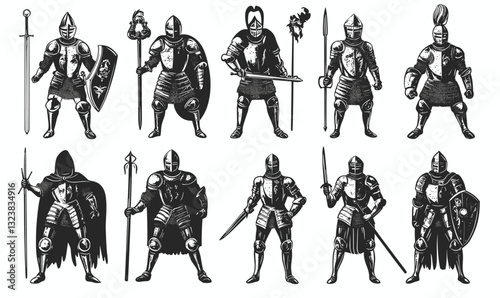 Medieval knight armor set, flat vector, icons set.