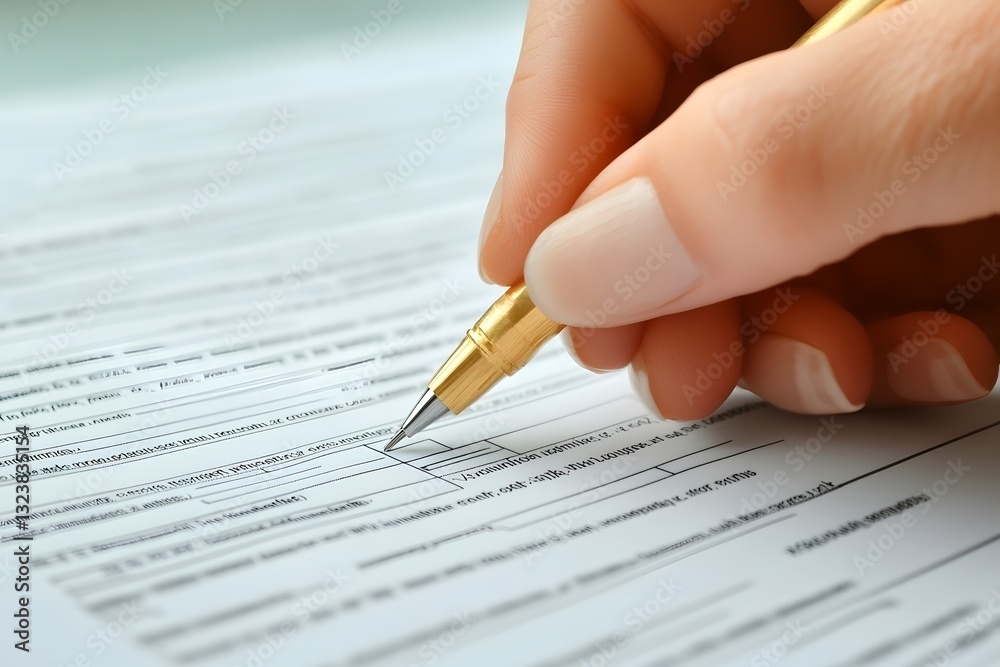 Obraz premium a hand signing a document with a golden pen. The image focuses on the act of signing with a close-up view