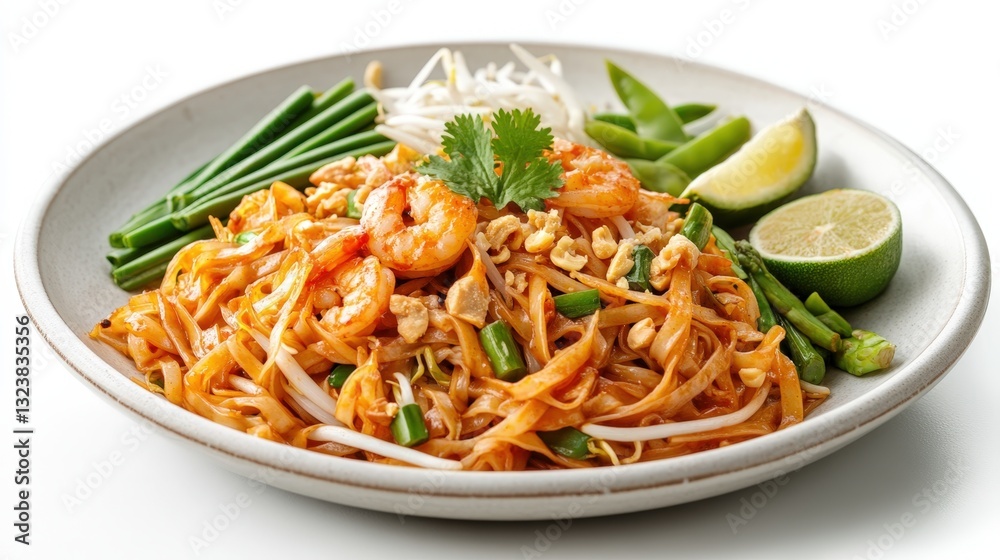 a mouthwatering plate of Pad Thai, a classic Thai noodle dish, featuring delicious shrimp, fresh herbs and lime a mouthwatering plate of Pad Thai, a classic Thai noodle dish, featuring delicious shrimp, fresh herbs and lime