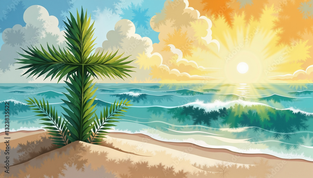 Obraz premium Palm cross resting in sand by ocean at sunset, symbol of peace