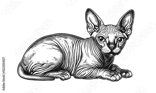 Sphynx cat lying down, black and white flat icons set, vector.