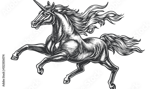 Majestic unicorn with flowing mane, flat icons set, linear vector illustration.