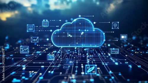 large language model optimization in artificial intelligence. Digital cloud with data connections and analytics icons.