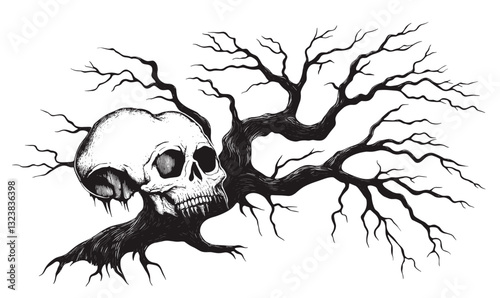 Skull on tree branch with bare twigs - vector, flat icons set.
