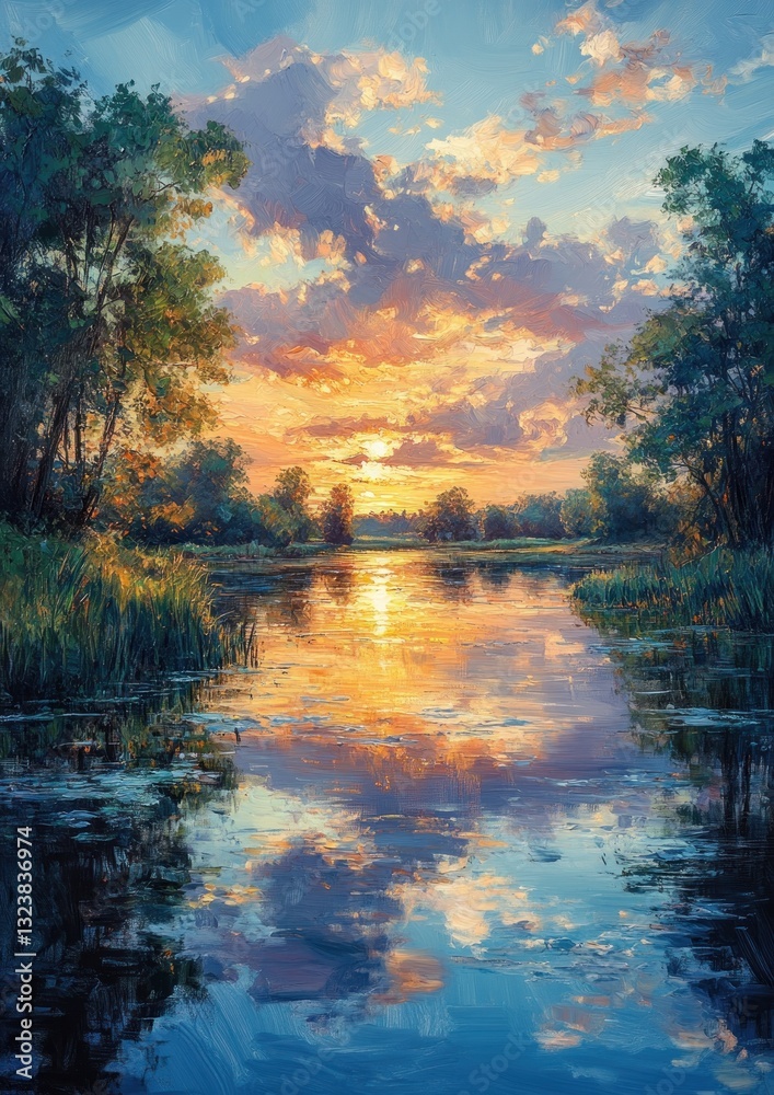 Naklejka premium Serene River Landscape with Lush Green Trees and Soft Pastel Clouds in Natural Lighting