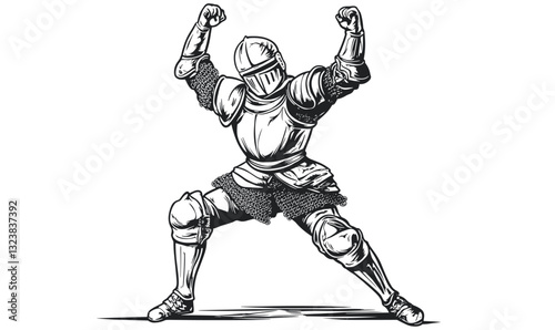 Medieval knight in full armor raising arms in celebration - linear vector icons set.