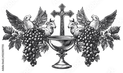 Religious symbolism with chalice, cross, goats, and birds - linear icons set, vector.