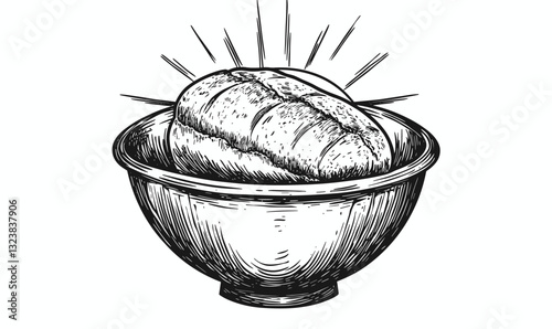 Sliced bread in bowl with radiating lines, black and white linear icons set, vector.