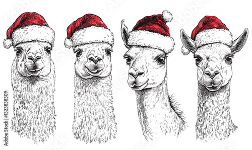 Llama portraits wearing santa hats for christmas, vector, linear style icons set.