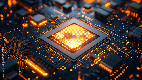 large language model optimization in artificial intelligence. Close-up of a glowing computer chip on a circuit board.
