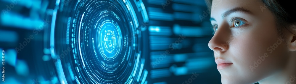 Obraz premium Woman interacting with futuristic interface exploring data and visualizations in technological world