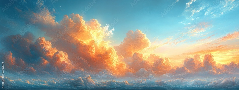 Fototapeta premium Romantic Oil Painting of a Bright Sky with Scattered Clouds and Textured Background
