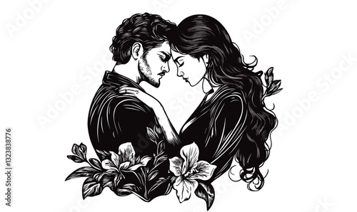 Romantic couple embracing with flowers, monochrome art, linear style, icons set.