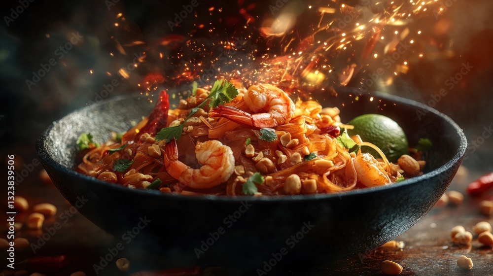 Φωτογραφία a flavorful plate of pad thai with shrimp, peanuts, and lime, a delicious culina