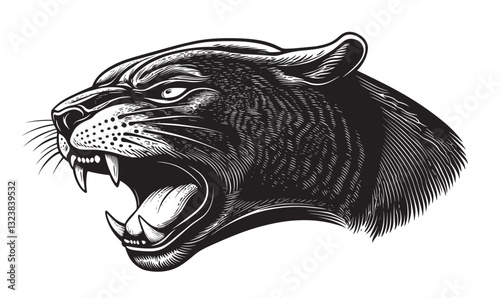 Roaring panther head illustration in black and white, vector, linear style, icons set.