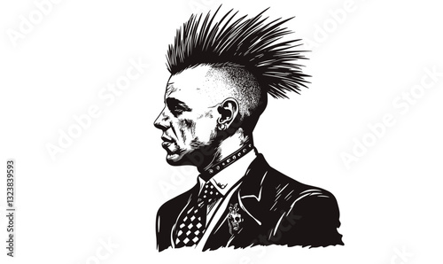 Punk rock portrait with mohawk hairstyle - flat icons set, vector.