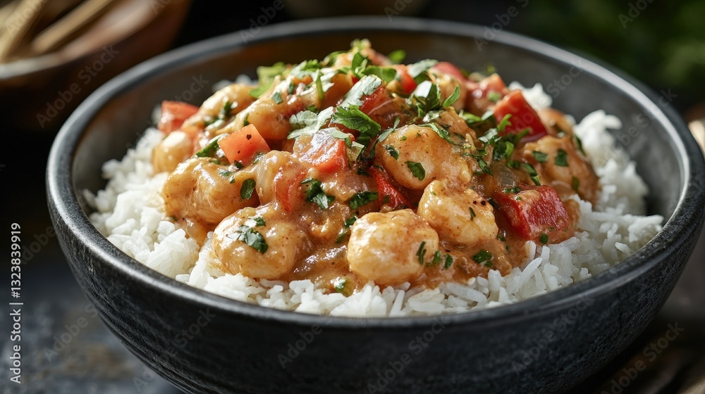 a delicious serving of shrimp and rice, topped with a savory sauce, served in a black bowl a delicious serving of shrimp and rice, topped with a savory sauce, served in a black bowl