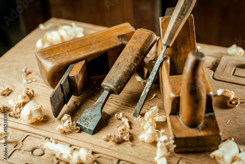 Rusty old tools on a wooden table in a carpentry workshop. Hand planes with old chisels.