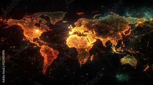 A massive distributed AI training network, visualized as nodes and connections glowing with pulsating light, spanning continents