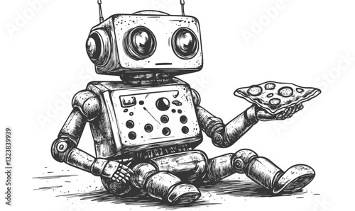 Robot enjoying pizza: cute robot and pizza vector, linear style, icons set.