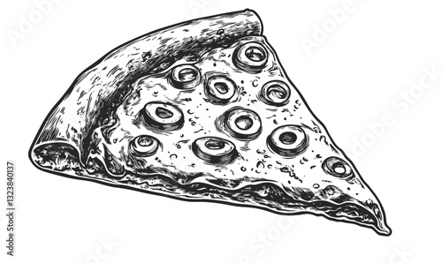 Hand-drawn pizza slice with olives icon set, linear vector.