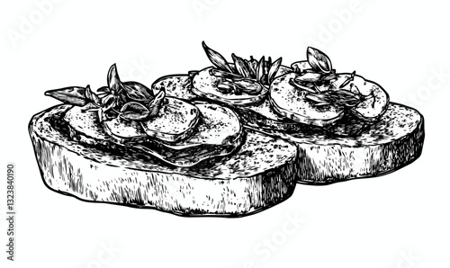 Hand-drawn bruschetta and crostini sketches, culinary set in linear icon style, vector.