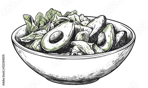 Fresh vegetable salad with avocado and lettuce in bowl, flat icons set, linear vector.
