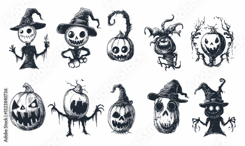 Halloween monster characters with hats in spooky costumes, vector icons set, linear style.