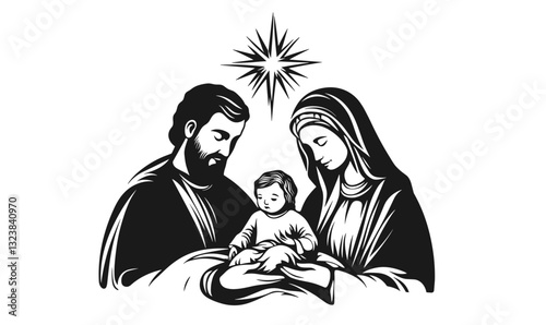 Holy family with star icon set, nativity scene - flat vector.