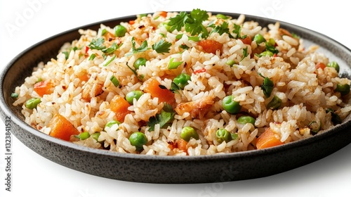 a plate of delicious, freshly cooked fried rice with carrots, peas and herbs