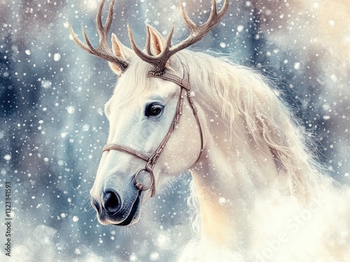 Watercolor Illustration of a Majestic White Horse with Antlers in a Serene Winter Landscape