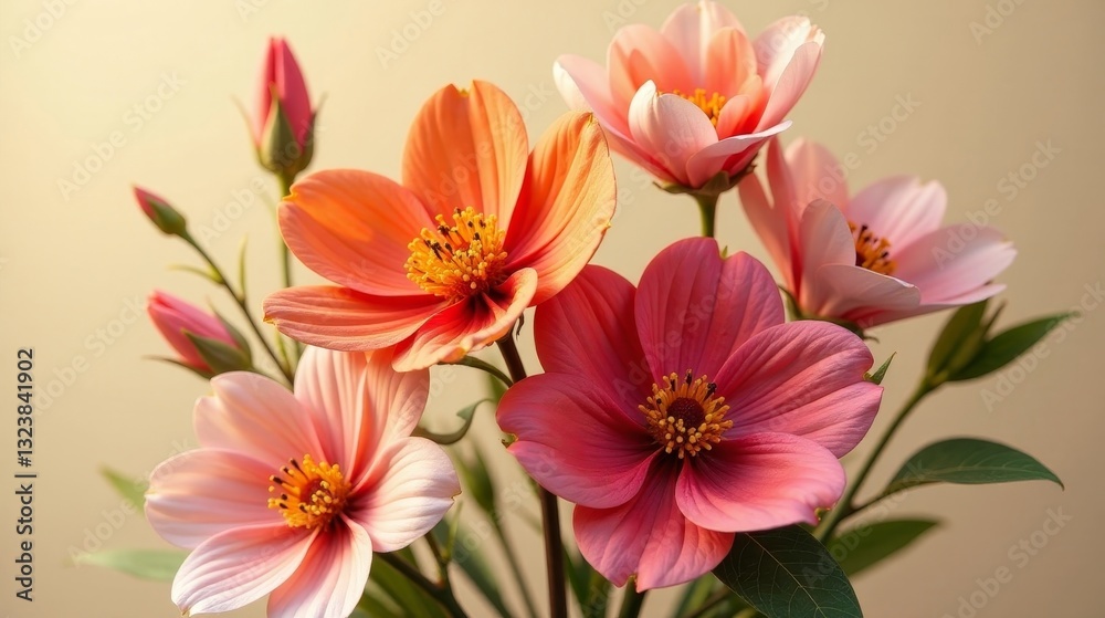 Fototapeta premium A delicate bouquet of coral and peach blossoms, showcasing the intricate details of their velvety petals and vibrant centers, bathed in soft, warm light.