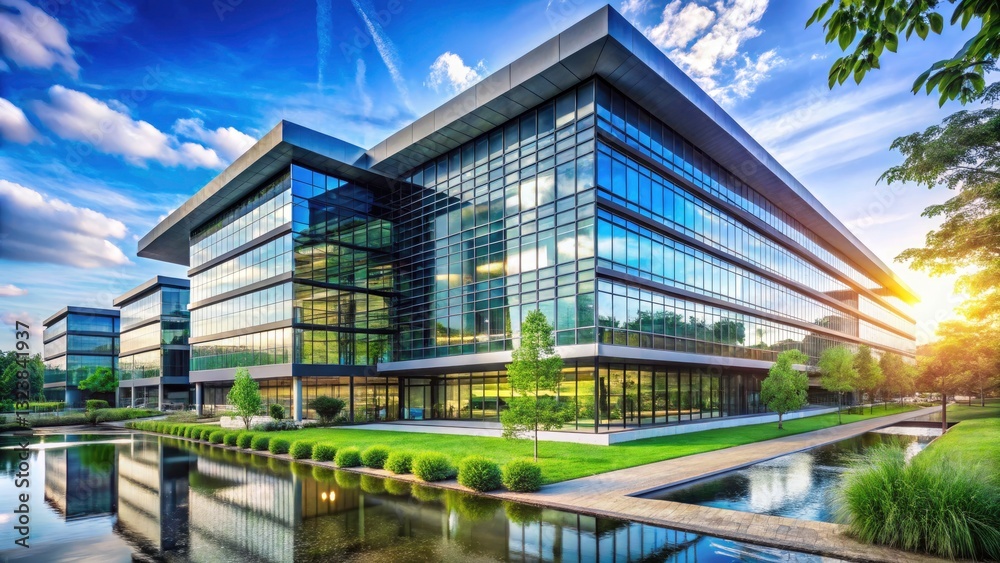 Obraz premium Modern Office Building in Science and Technology Industrial Park â€“ Innovative Architecture, High-Tech Environment, Urban Landscape, Sustainable Design, Business Hub, Corporate Office Space