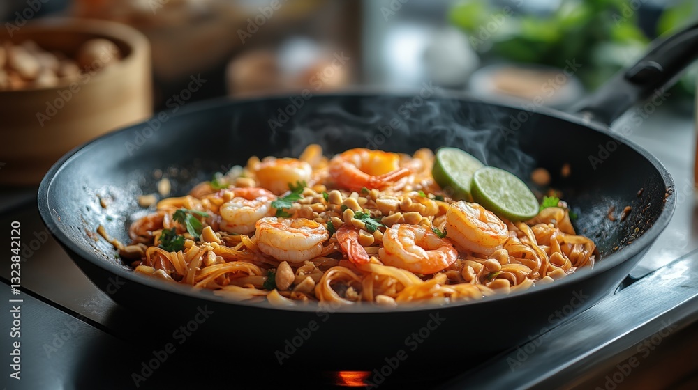 a delicious plate of stir-fried noodle with shrimp and vegetables, steam rising, with garnish 