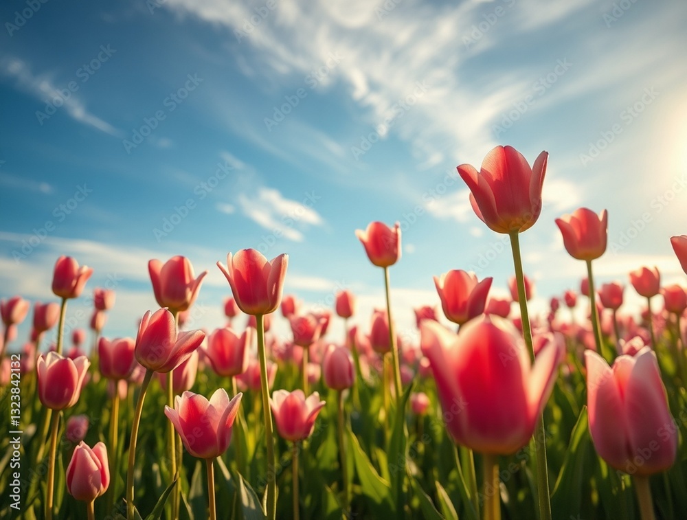 Obraz premium red tulips against blue sky
