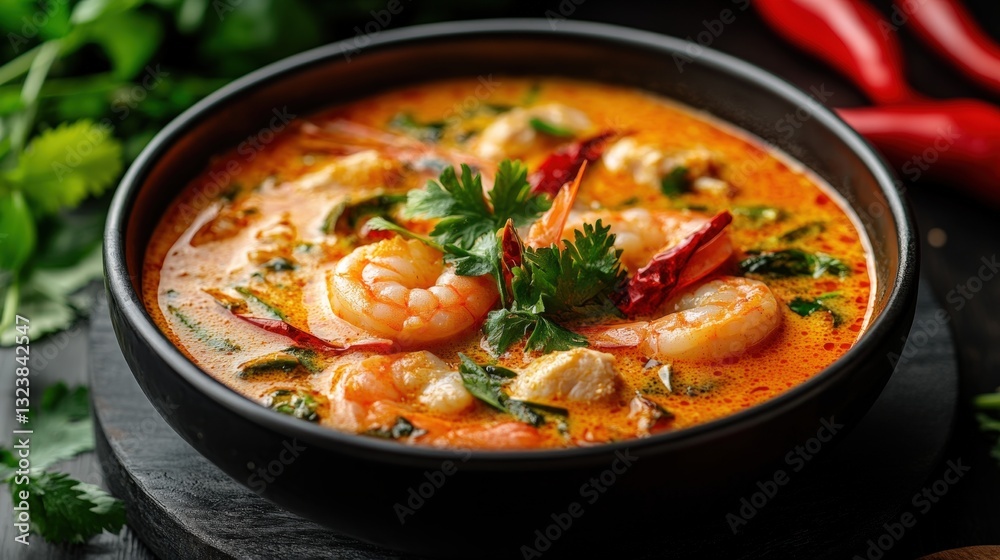 a close-up shot of a vibrant bowl of flavorful Tom Yum soup, with shrimp a close-up shot of a vibrant bowl of flavorful Tom Yum soup, with shrimp