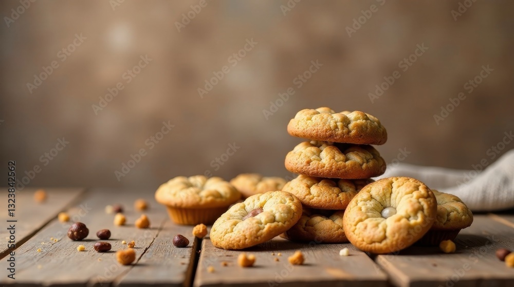 A delightful arrangement of freshly baked, golden-brown cookies, featuring a unique textured surface and subtle chocolate accents, sits on a rustic wooden table against a blurred background. A delightful arrangement of freshly baked, golden-brown cookies, featuring a unique textured surface and subtle chocolate accents, sits on a rustic wooden table against a blurred background.