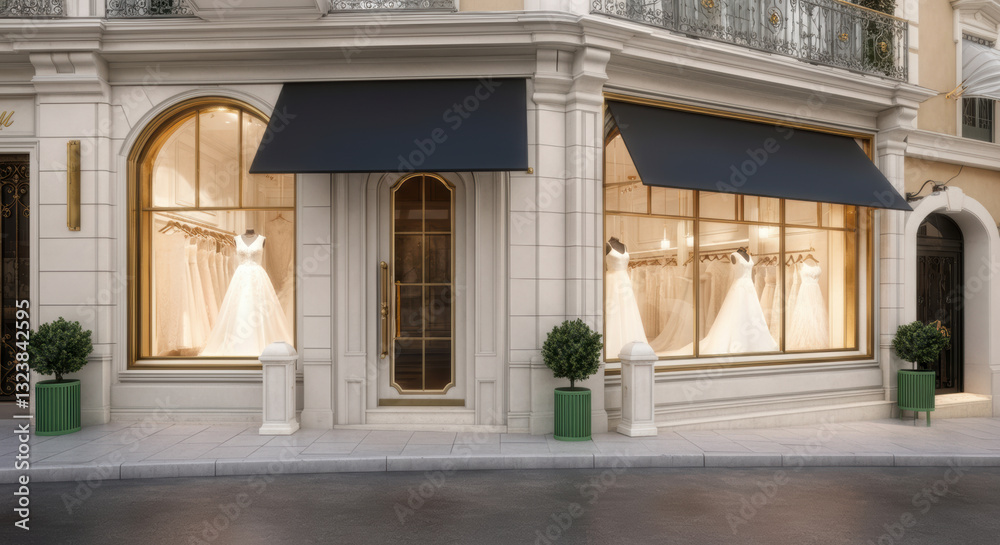 Fototapeta premium Sophisticated bridal boutique with luxurious wedding dresses displayed in upscale shopping district