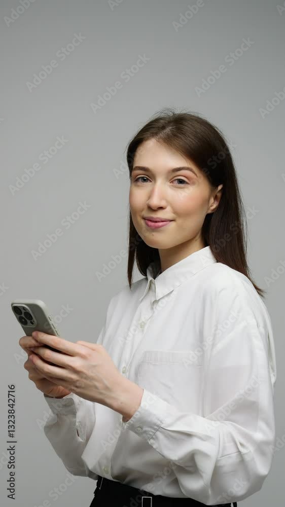 Young woman engages with her smartphone, displaying a friendly smile in a modern studio. Young woman engages with her smartphone, displaying a friendly smile in a modern studio.
