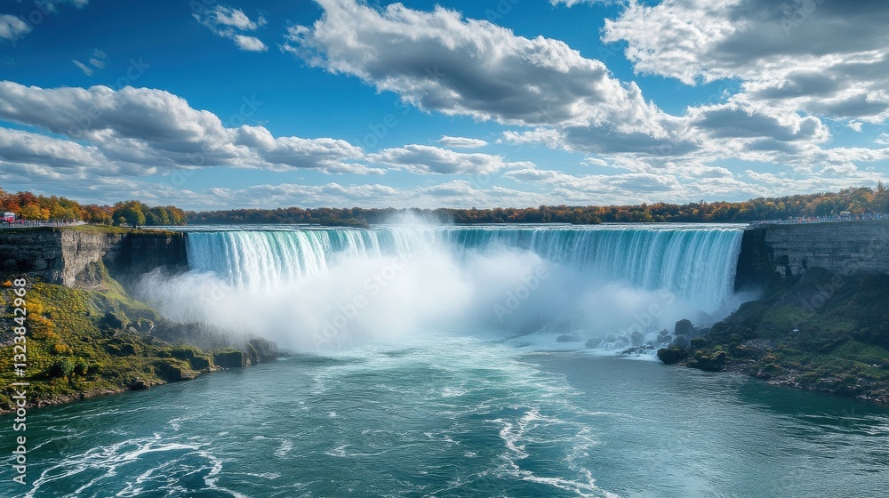 Majestic Waterfalls Cascading into Turquoise Waters with a Dramatic Sky and Vibrant Autumn Foliage in the Background Captured at Niagara Falls