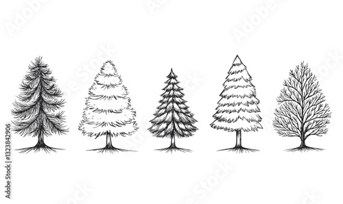 Evergreen and deciduous tree icons set - black and white linear vector.