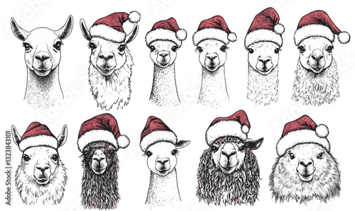Christmas alpaca and llama icons set in santa hats, flat style vector.