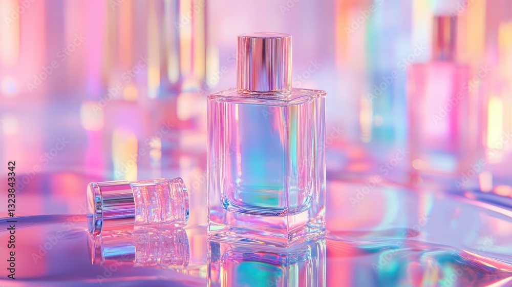 Elegant Perfume Bottle with Holographic Reflections and Dreamy Pastel Colors Elegant Perfume Bottle with Holographic Reflections and Dreamy Pastel Colors