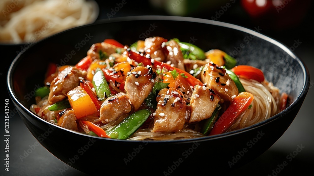 a delicious close-up shot of chicken stir-fry with colorful vegetables in a bowl. It is appetizing and garnished with sesame a delicious close-up shot of chicken stir-fry with colorful vegetables in a bowl. It is appetizing and garnished with sesame