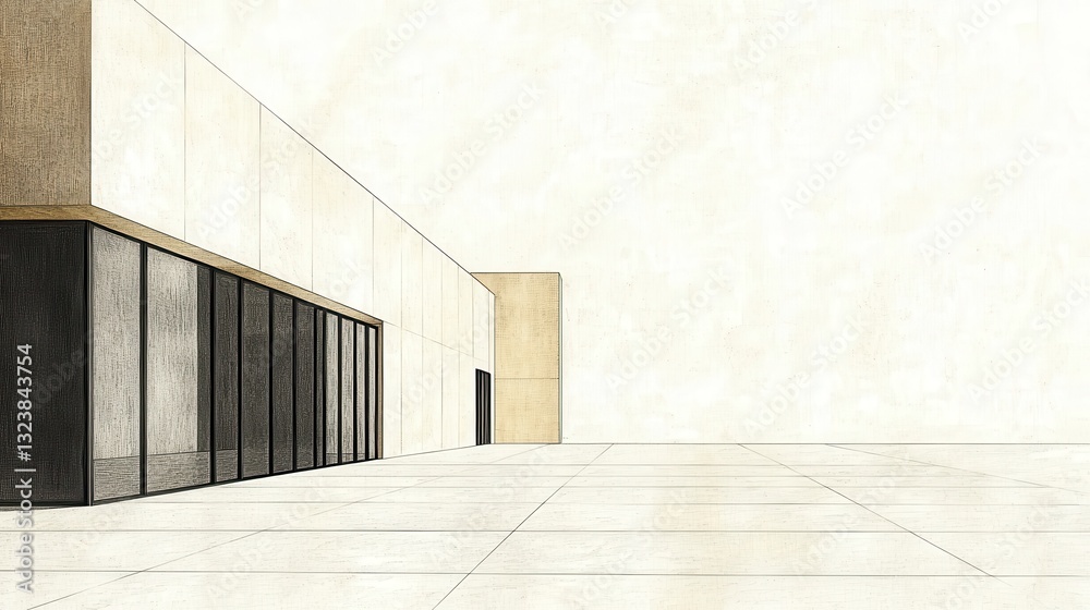 Obraz premium Minimalist Modern Building Architectural Sketch Exterior Facade and Plaza Design