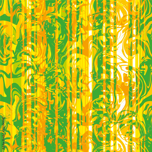 seamless pattern with yellow, green, orange abstract shapes on white background
