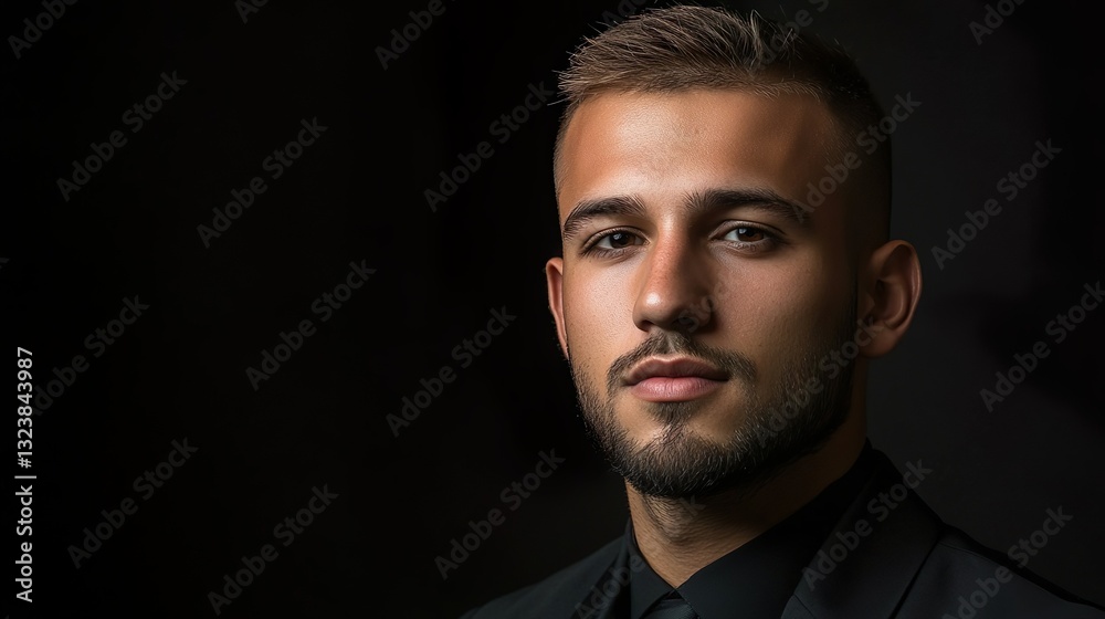 Fototapeta premium Determined Young Business Leader in Stylish Suit Confident Corporate Portrait Dark Background 